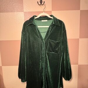 12th Tribe Green Velvet Button-Up Dress
